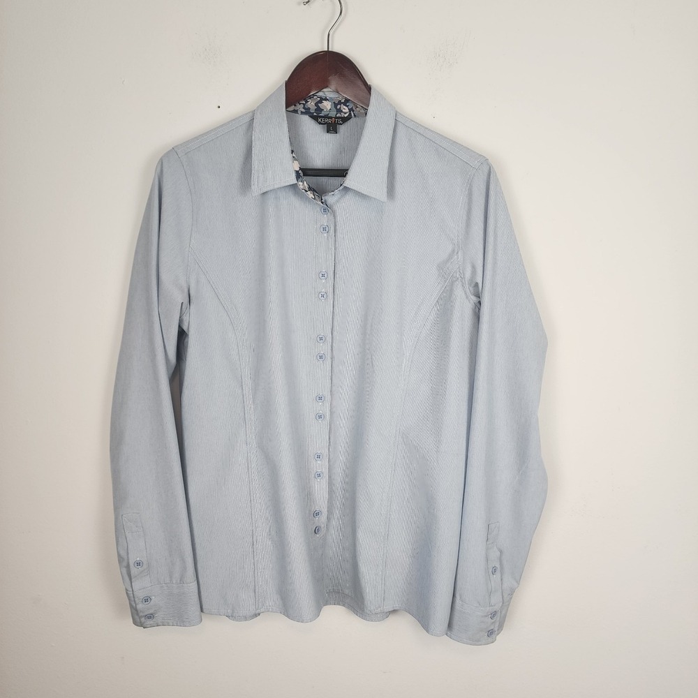 Kerrits Equestrian Long Sleeve Double Button Front Blue Shirt Women's Size Large